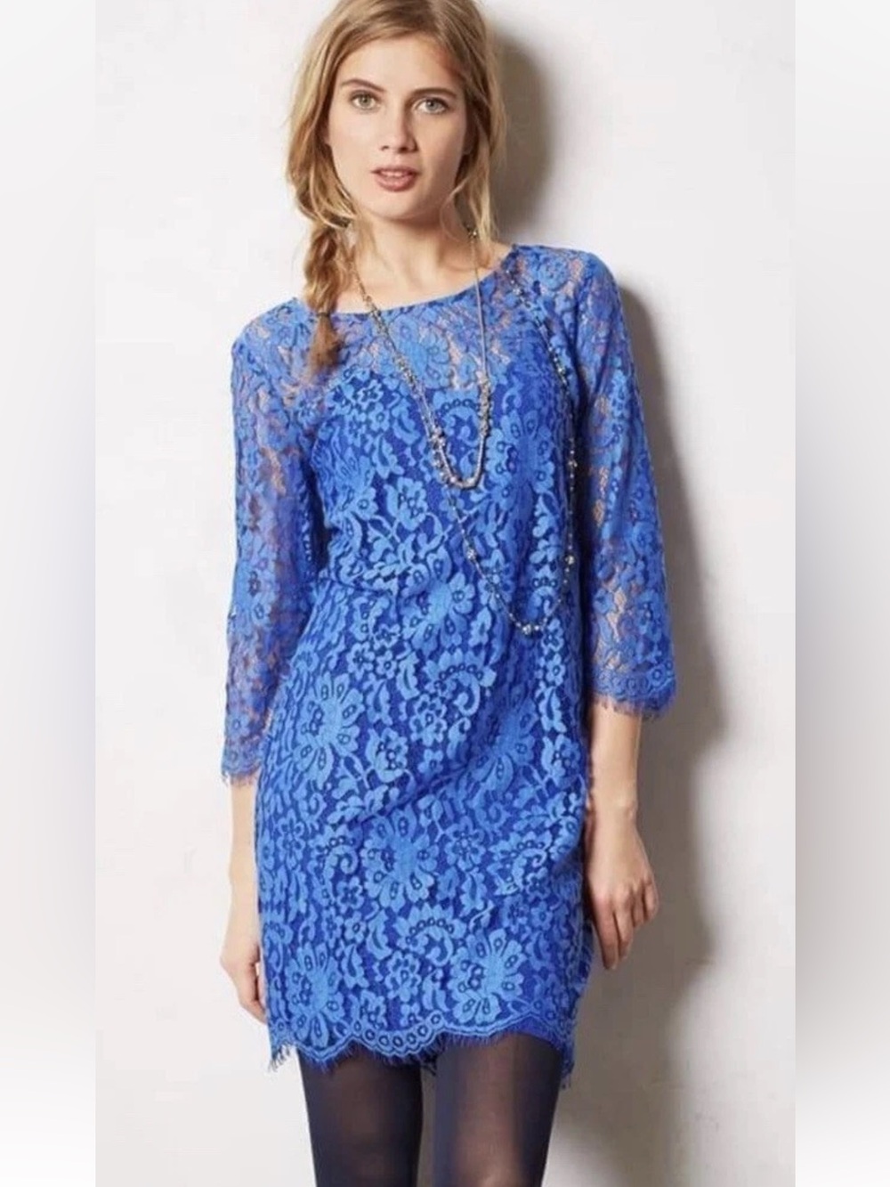 Anthropologie HD in Paris Blue Lace Shift Dress Size Small